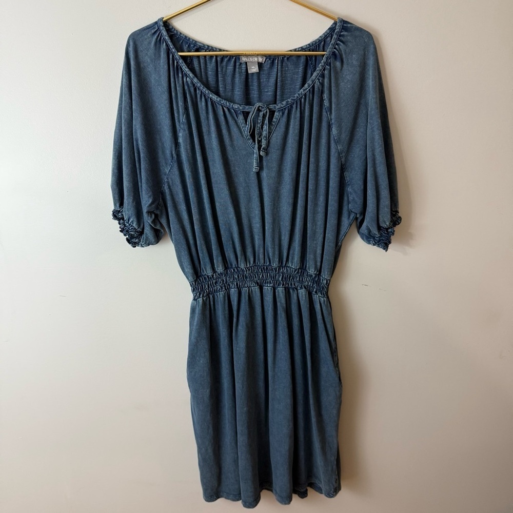 Falls Creek Blue Puff Sleeve Dress Blue XL elastic waist pockets 100% Cotton